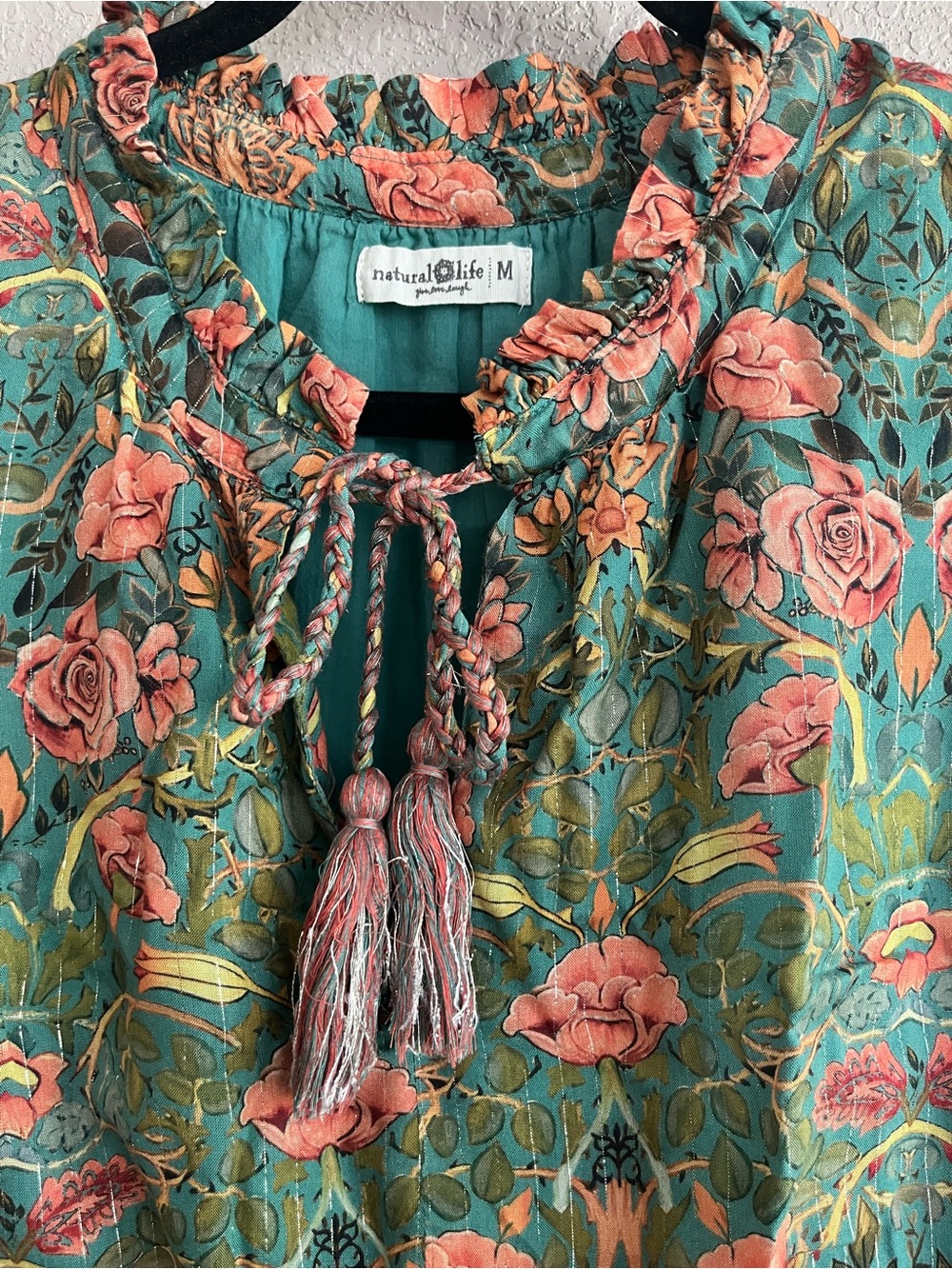 Natural Life Green Floral Metallic Lurex Tiered Maxi Dress Size Medium - Picture 5 of 12